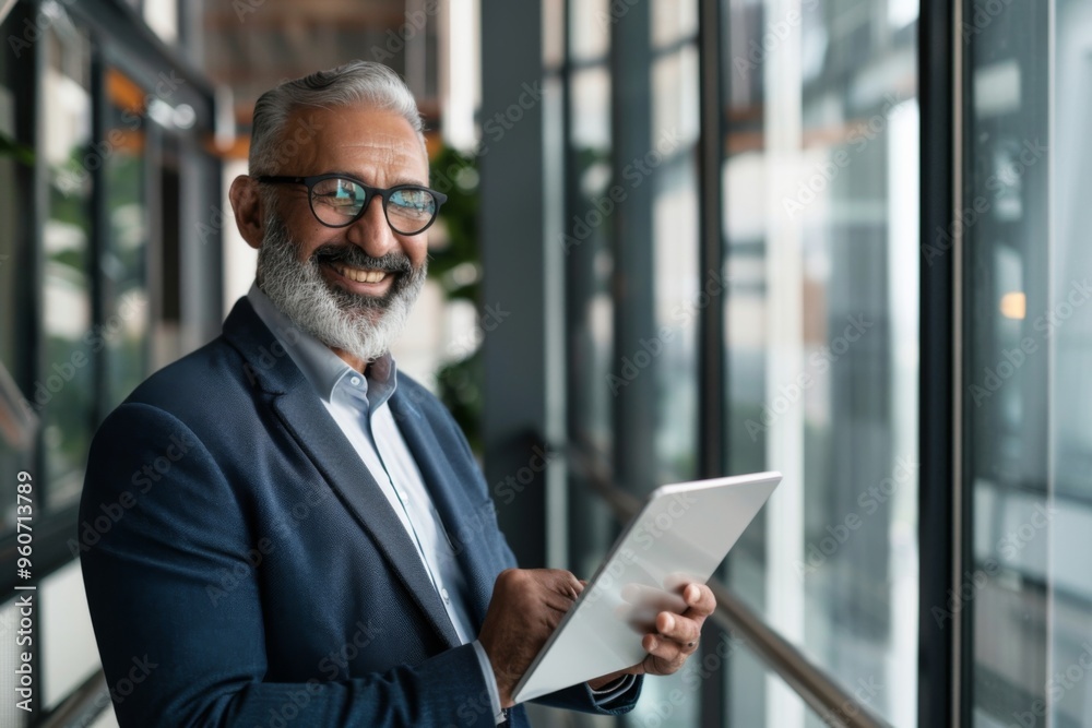 Stylish mature Hispanic businessman using fintech application on digital tablet in modern office Stylish mature Hispanic businessman using fintech application on digital tablet in modern office