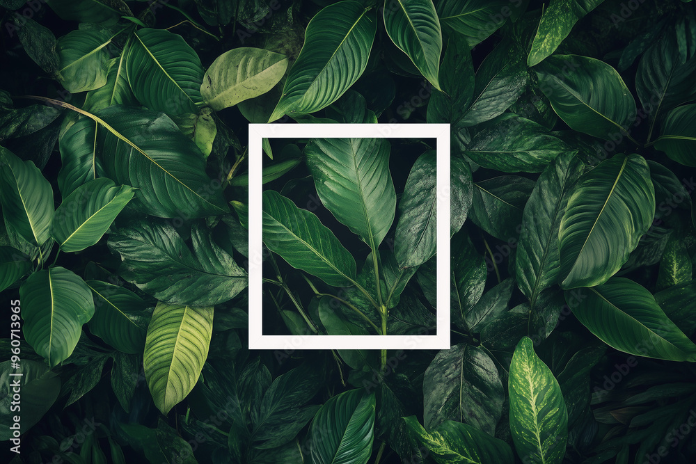 Obraz premium Top view of dense green foliage with white square frame, ideal for eco-centered design.