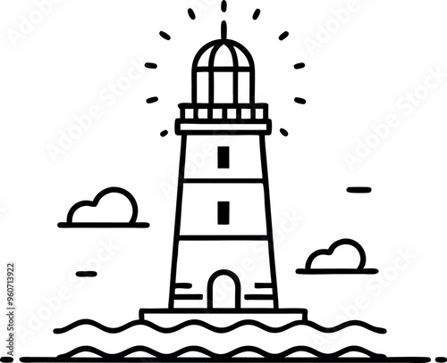 Minimalist Line Art Lighthouse Illustration with Sea Waves and Clouds Against a White Background