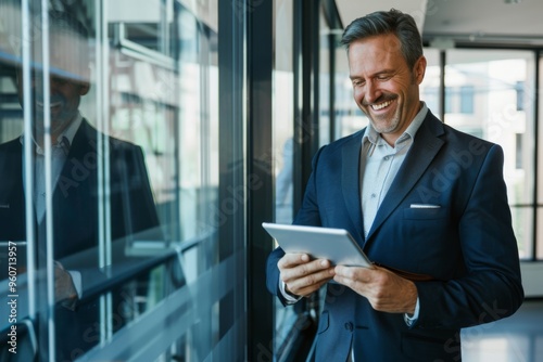 Happy middle-aged businessman in suit smiling and using digital tablet in modern office setting