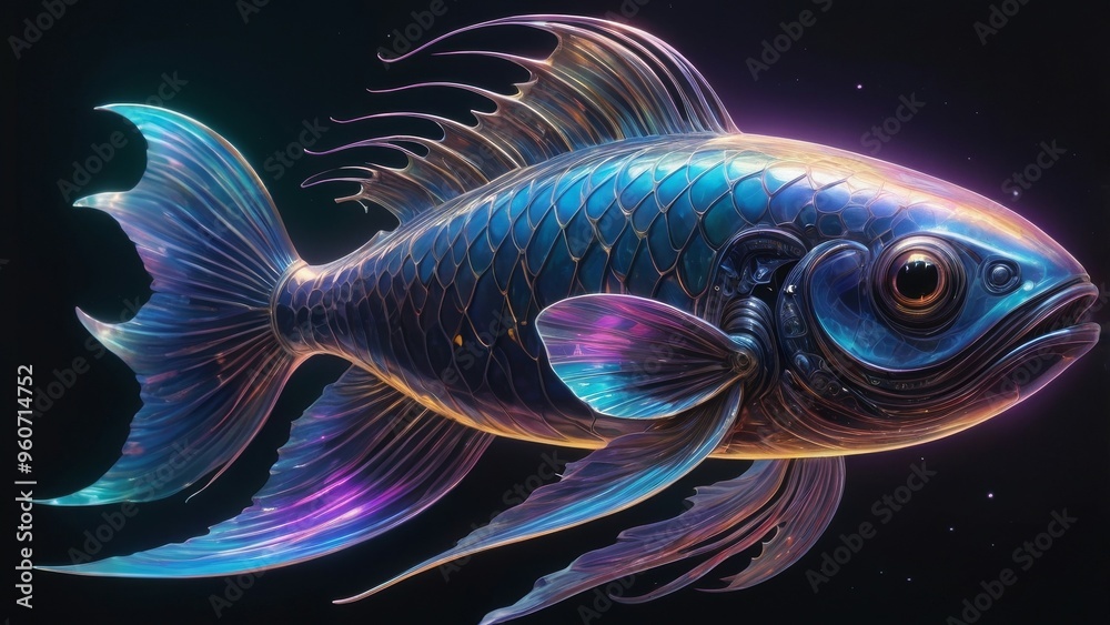 A futuristic, metallic fish with iridescent scales. A futuristic, metallic fish with iridescent scales.