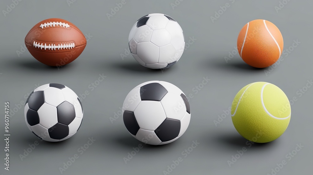 A collection of sports balls, including a soccer ball, a football, a tennis ball A collection of sports balls, including a soccer ball, a football, a tennis ball