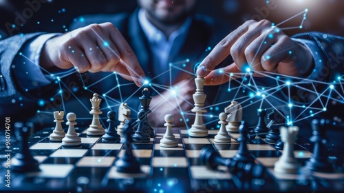 Strategic business ideas brainstorming with chessboard and digital connections for success