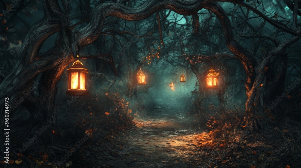 Lantern-lit Path Through a Dark and Twisted Forest Lantern-lit Path Through a Dark and Twisted Forest