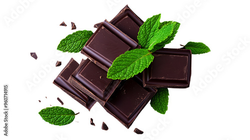 Dark Chocolate with Mint Leaves on Transparent Background