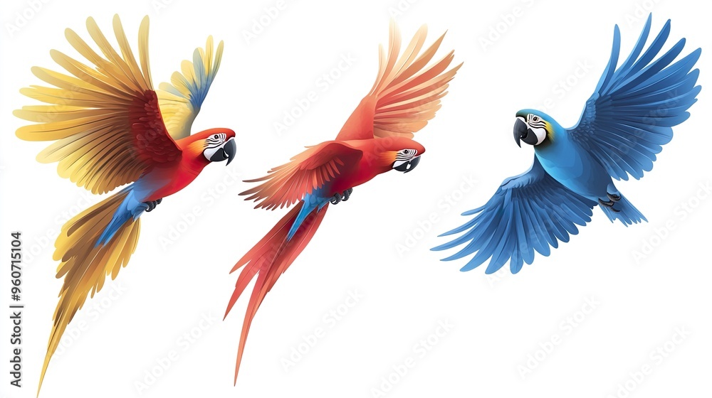 Obraz premium Three colorful parrots flying in the sky