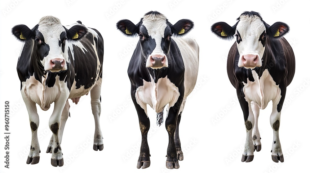 Three cows standing in a row, one is black and white, the other two are black Three cows standing in a row, one is black and white, the other two are black