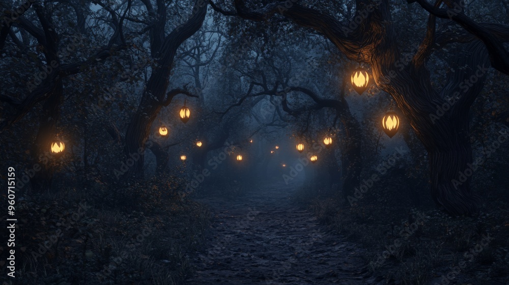 Eerie Forest Path Illuminated by Glowing Lanterns Eerie Forest Path Illuminated by Glowing Lanterns