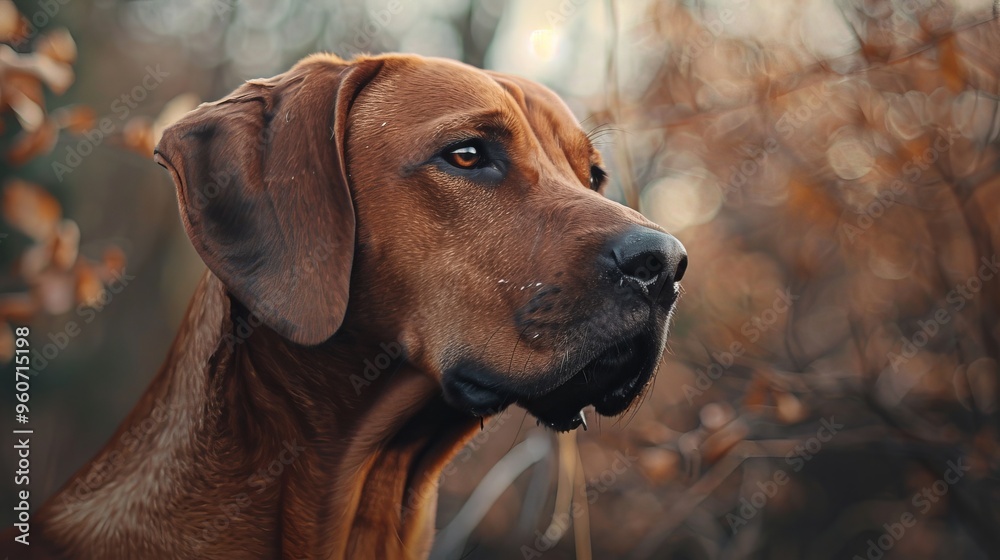 Rhodesian Ridgeback on a walk, close-up. Rhodesian Ridgeback on a walk, close-up.