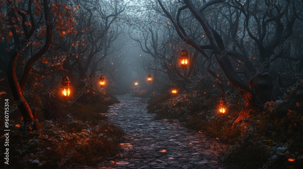 Fototapeta premium A Mysterious Path Through a Foggy Forest Lit by Lanterns