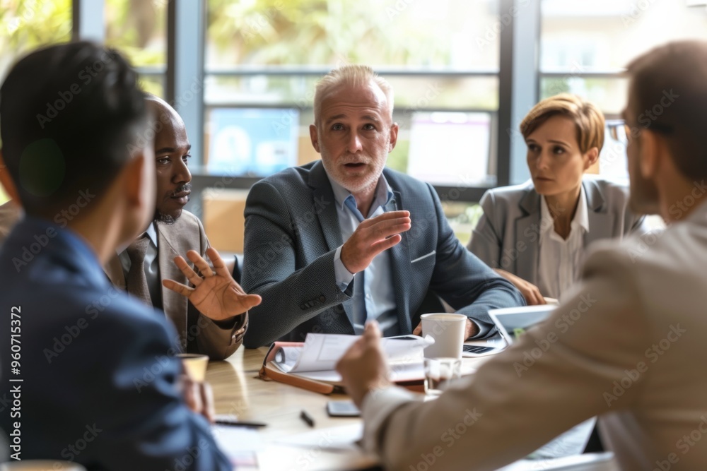 Focused discussion among a diverse team of executives during a strategic planning session in the boardroom Focused discussion among a diverse team of executives during a strategic planning session in the boardroom