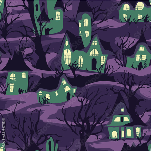 Vector of seamless pattern with haunted houses and eerie