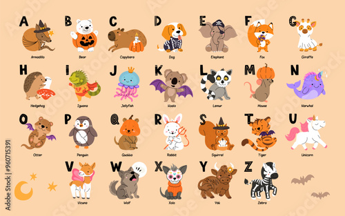 Cute Animals in halloween costumes and accessories, alphabet for kids education. Funny hand drawn style characters. Vector illustration for halloween.