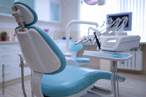 Dental office. Patient chair and equipment for dental treatment. Blurred dental clinic background. Defocused interior of modern dental office.