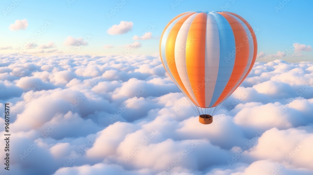 Fototapeta premium A hot air balloon floating in the clouds above a sea of white, AI