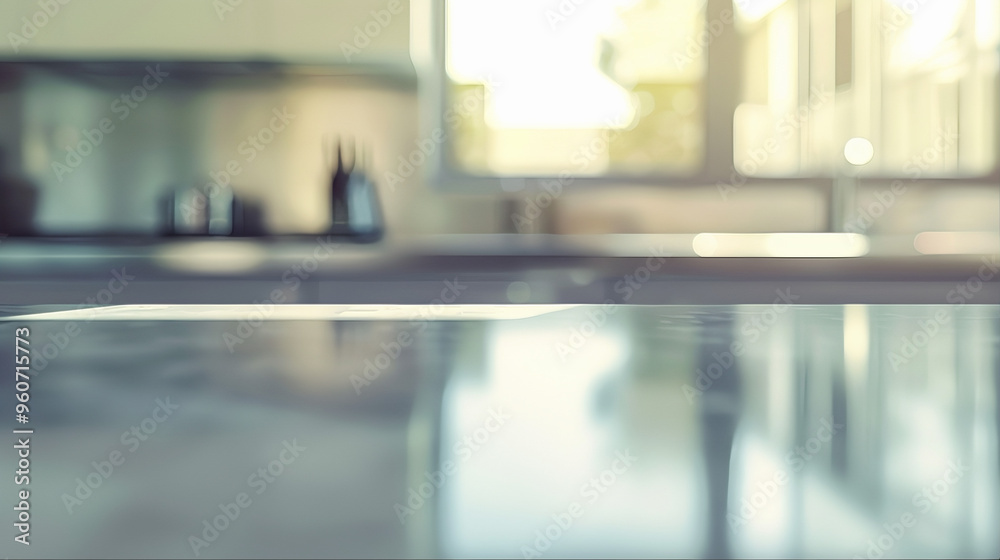 Blur mechanic workshop metal tabletop, countertop with tools, automotive store window view with a kitchen Blur mechanic workshop metal tabletop, countertop with tools, automotive store window view with a kitchen