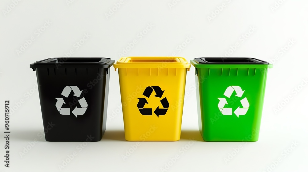 Three trash cans with a recycle sign on them