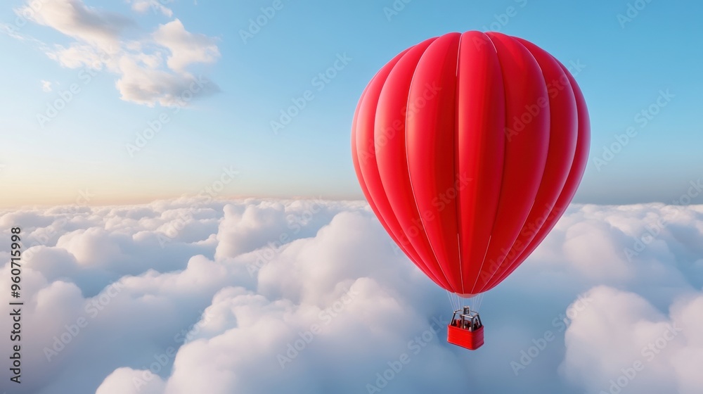 Fototapeta premium A red hot air balloon floating in the clouds with a box attached, AI