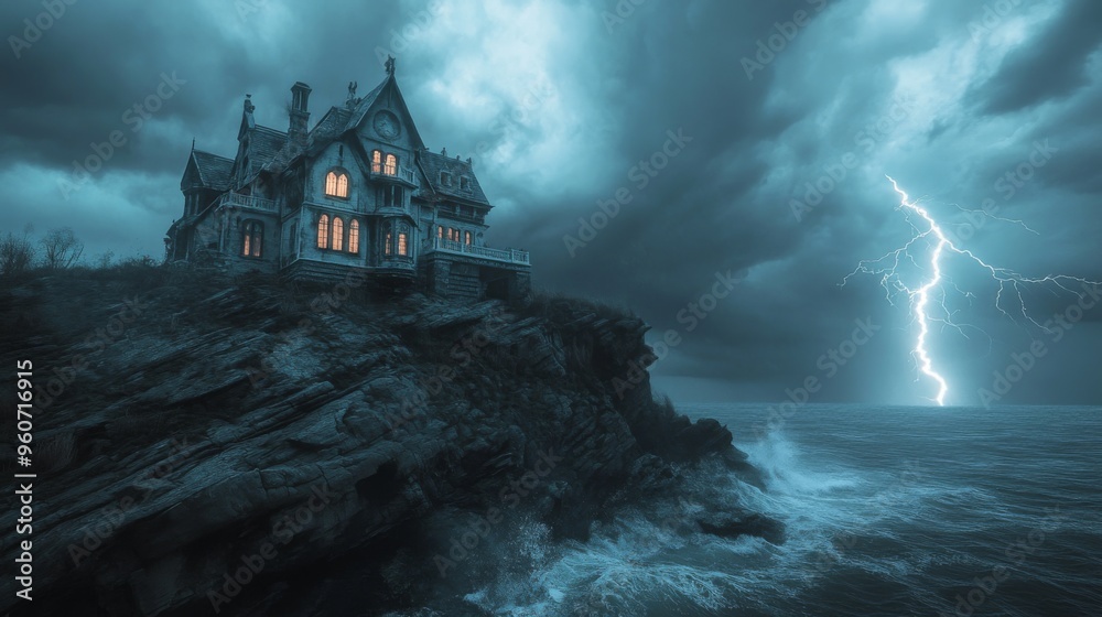 Fototapeta premium Haunted Mansion on a Cliffside with Lightning Striking the Sea
