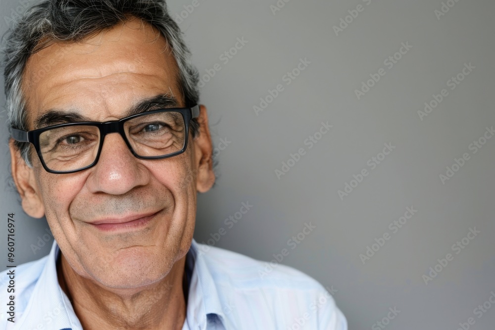 Portrait of a joyful senior businessman with glasses against a grey background, exuding confidence and success in his demeanor Portrait of a joyful senior businessman with glasses against a grey background, exuding confidence and success in his demeanor