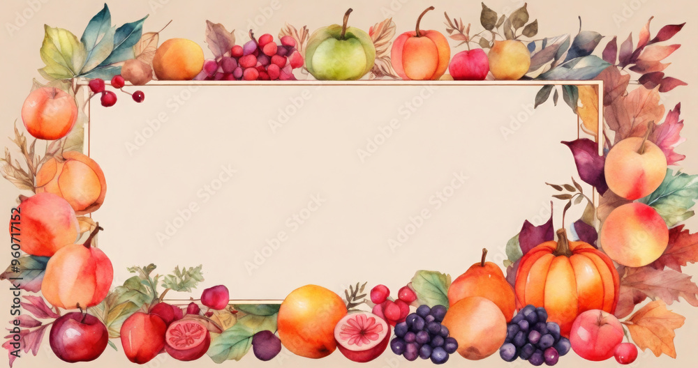 Autumn fruits and vegetables with leaves on beige background with harvest festival text Autumn fruits and vegetables with leaves on beige background with harvest festival text