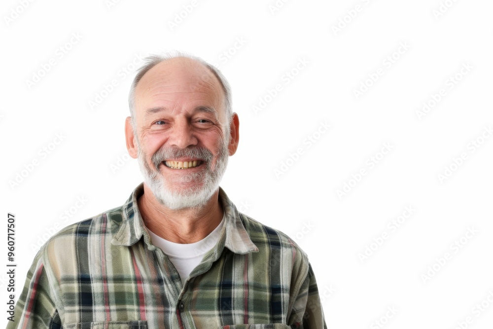 A joyful mature man in a plaid shirt brings warmth and cheer against a bright white backdrop A joyful mature man in a plaid shirt brings warmth and cheer against a bright white backdrop