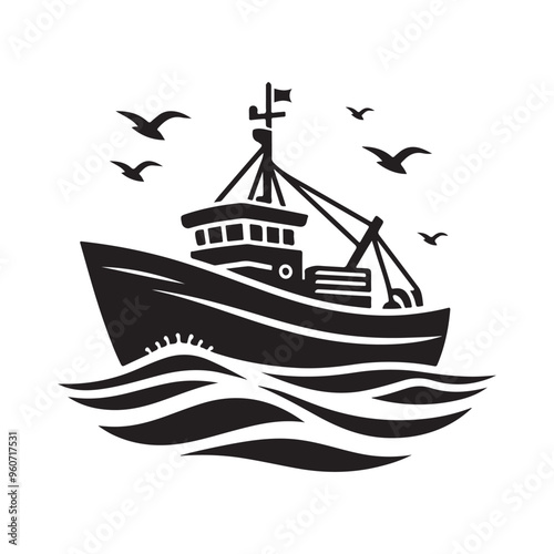Fishing Trawler Silhouette Vector Illustration for Nautical Designs