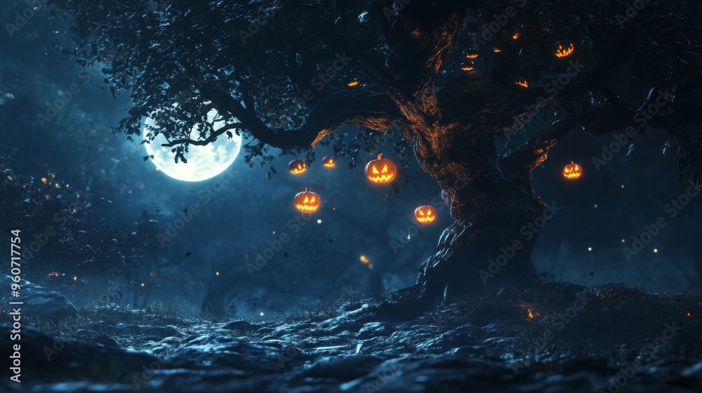 Spooky Tree with Jack-o'-Lanterns Hanging in the Night Spooky Tree with Jack-o'-Lanterns Hanging in the Night