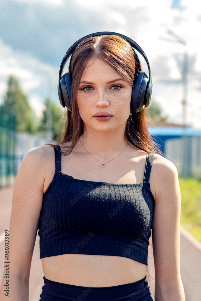 A girl wearing headphones at the start line prepares for a race on an open sports ground. A girl wearing headphones at the start line prepares for a race on an open sports ground.