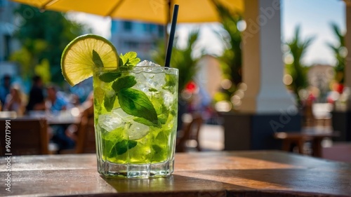 A vibrant mojito cocktail sits on a table, garnished with mint and lime, in the afternoon sun