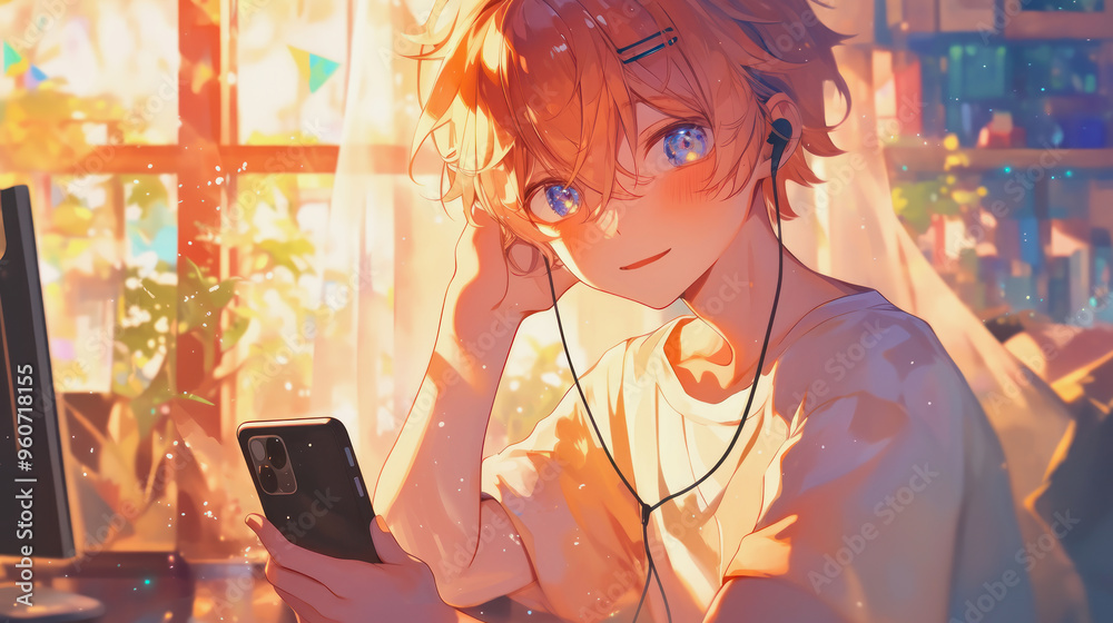 cute anime boy watching videos on mobile phone cute anime boy watching videos on mobile phone