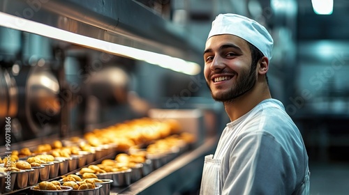 Smiling chef in a professional kitchen with delicious desserts ready for service. Baking and culinary creativity in action. photo