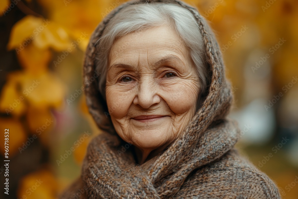 An autumnal photo of an elderly woman smiling.