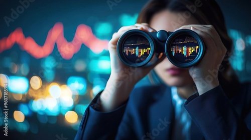 A businesswoman examines distant opportunities through binoculars, highlighting focus and determination in a dynamic environment.