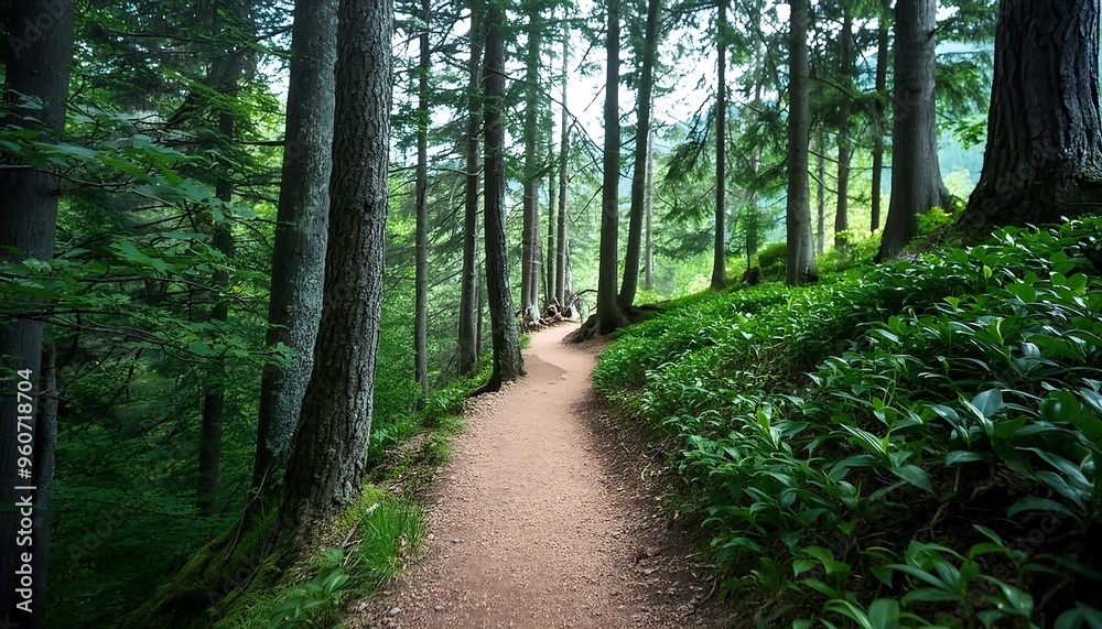 Obraz premium Hiking trail through a dense forest