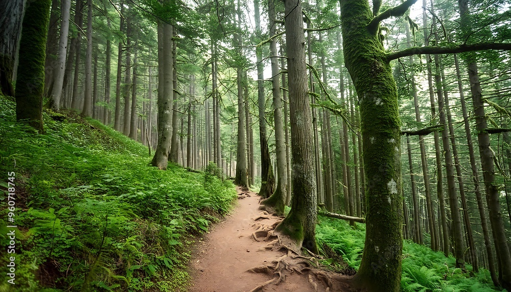 Hiking trail through a dense forest Hiking trail through a dense forest