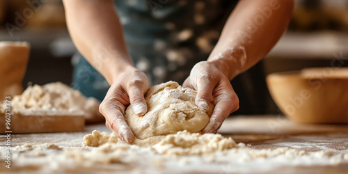 Hands kneading dough in a rustic kitchen setting