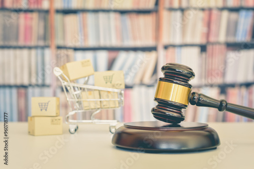Cuadro en lienzo Consumer protection law, rights and guarantees, justice concept : Judge gavel, a shopping cart with goods boxes, depicting a safeguard designed to protect buyers from fraudulent business practices