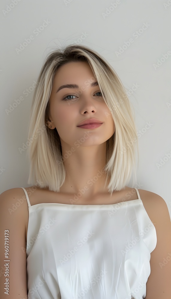 White female in white top on white background White female in white top on white background