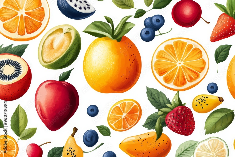 cartoon various fruit pattern, colorful and joy white background cartoon various fruit pattern, colorful and joy white background