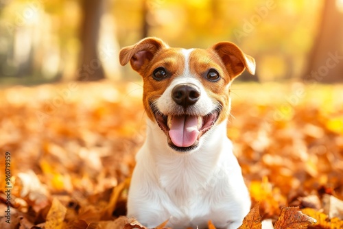 Jack Russell Terrier with gold and red leaves. Autumn mood.