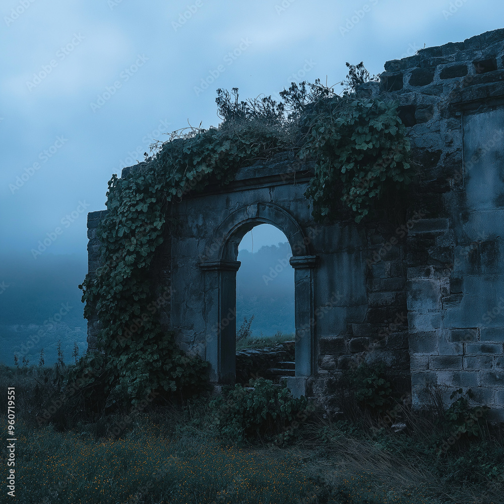 Fototapeta premium Ancient ruins, overgrown with vegetation in moody, foggy spooky weather