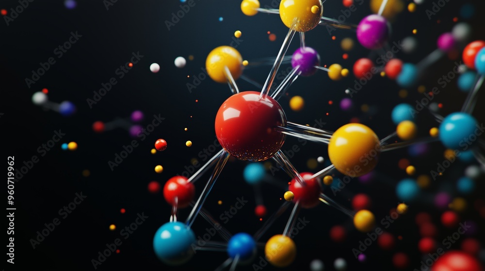 Colorful atoms bond in precise 3D structure, black backdrop, molecular. AI generated Colorful atoms bond in precise 3D structure, black backdrop, molecular. AI generated