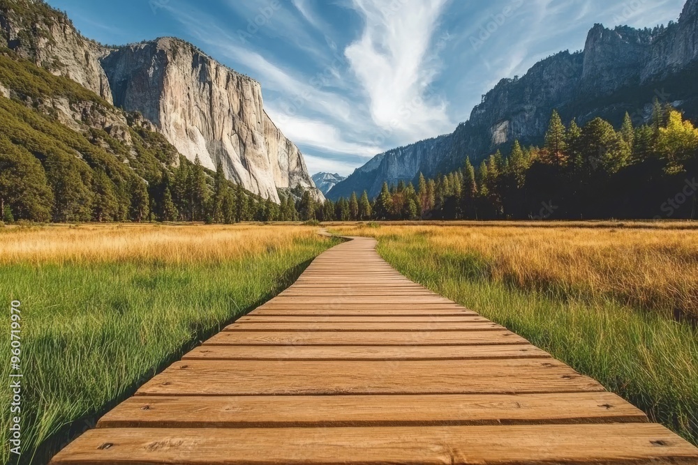During the autumn season, a boardwalk runs through Yosemite Valley During the autumn season, a boardwalk runs through Yosemite Valley