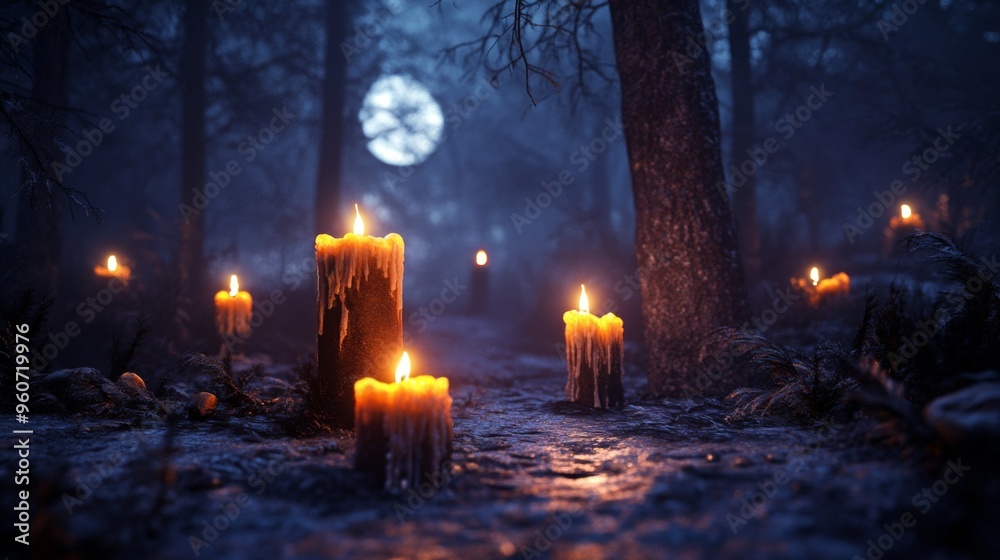 Candles Glowing in a Foggy Forest at Night