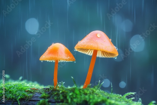 Rain falls on orange mushrooms, also known as umbrella mushrooms, Marasmius siccus photo