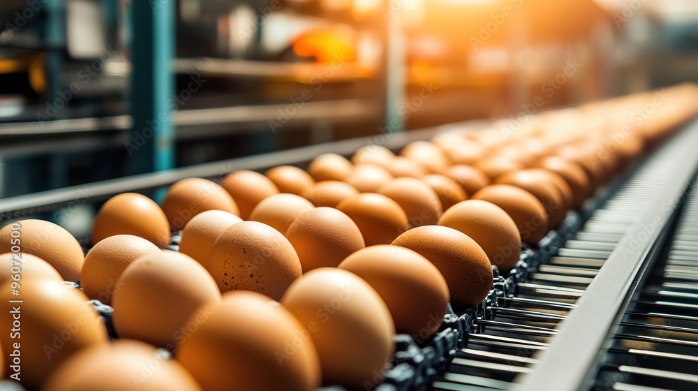 Rows of fresh eggs moving along a conveyor belt in a modern poultry processing facility illuminated by warm sunlight. Rows of fresh eggs moving along a conveyor belt in a modern poultry processing facility illuminated by warm sunlight.