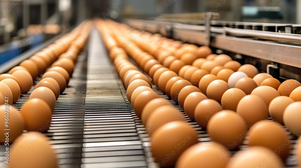 Close-up view of eggs moving along a conveyor belt in a production facility, showcasing the process of egg sorting. Close-up view of eggs moving along a conveyor belt in a production facility, showcasing the process of egg sorting.