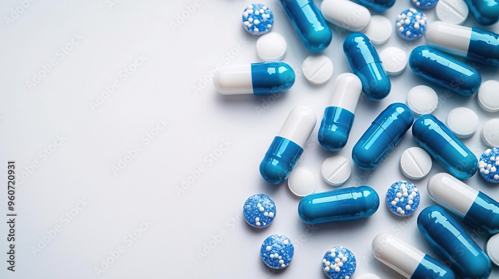 A vibrant assortment of blue and white capsules and tablets on a clean surface, showcasing various medicinal forms and designs. A vibrant assortment of blue and white capsules and tablets on a clean surface, showcasing various medicinal forms and designs.
