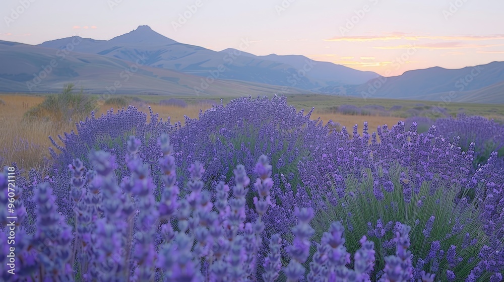 Naklejka premium Breathtaking sunset over a lavender field, bathed in vibrant hues of purple and gold